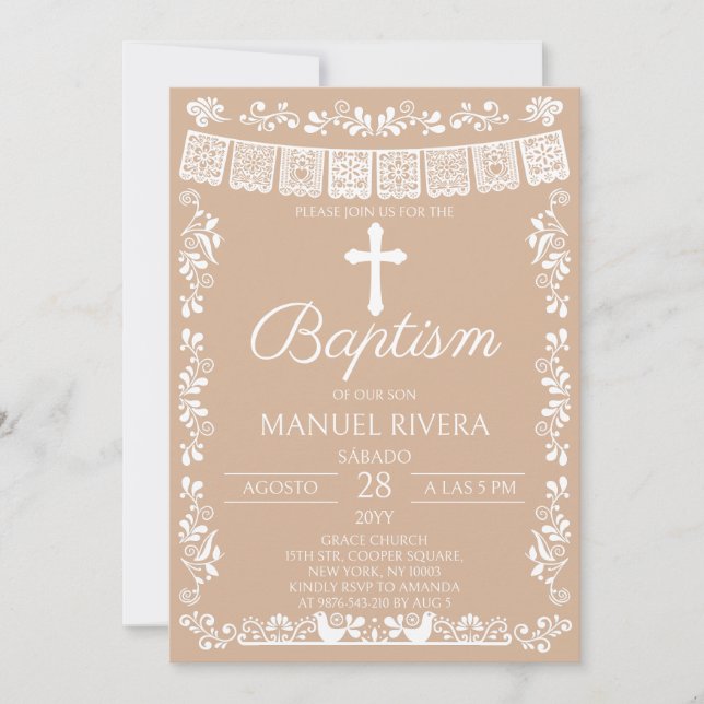 Invitation Baptême Beige Papel Picado (Devant)