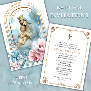 Invitation Baptême Béni Mère Jésus Rose Bleu Floral
