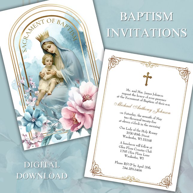 Invitation Baptême Béni Mère Jésus Rose Bleu Floral (Créateur téléchargé)