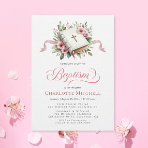 Invitation Baptême Biblique Fleur Rose Moderne