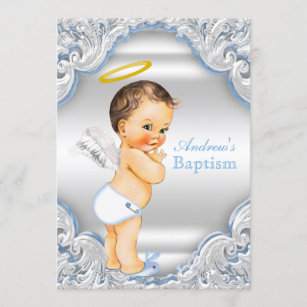 Invitation Baptême blanc bleu de bébé de garçon d'ange de