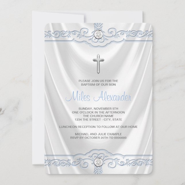 Invitation Baptême blanc et bleu Christening Satin blanc (Devant)