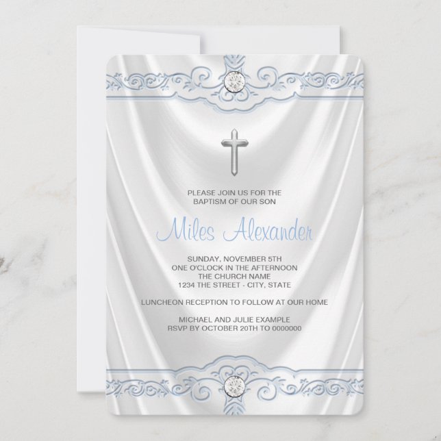 Invitation Baptême Blanc et Bleu Robe de Baptême en Satin Bla (Devant)