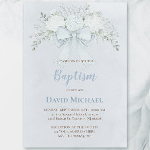 Invitation Baptême bleu aquarelle floral ruban