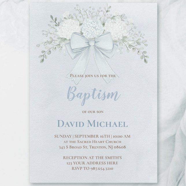 Invitation Baptême bleu aquarelle floral ruban (Créateur téléchargé)