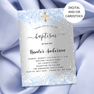 Invitation Baptême bleu argent confetti bébé garçon