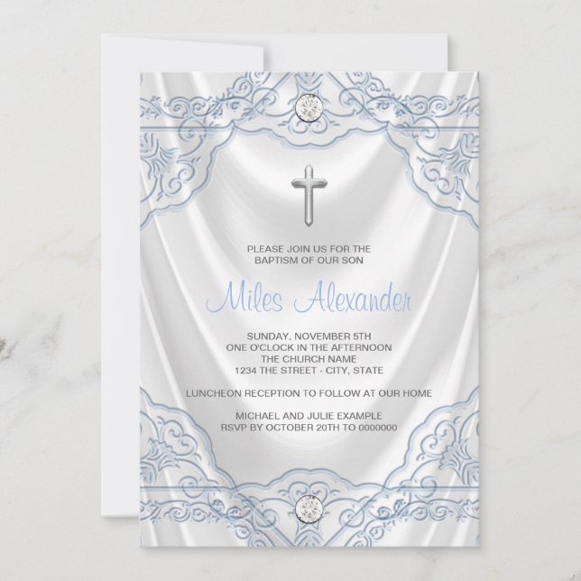 Invitation Baptême Bleu Bébé Blanc Satin (Devant)