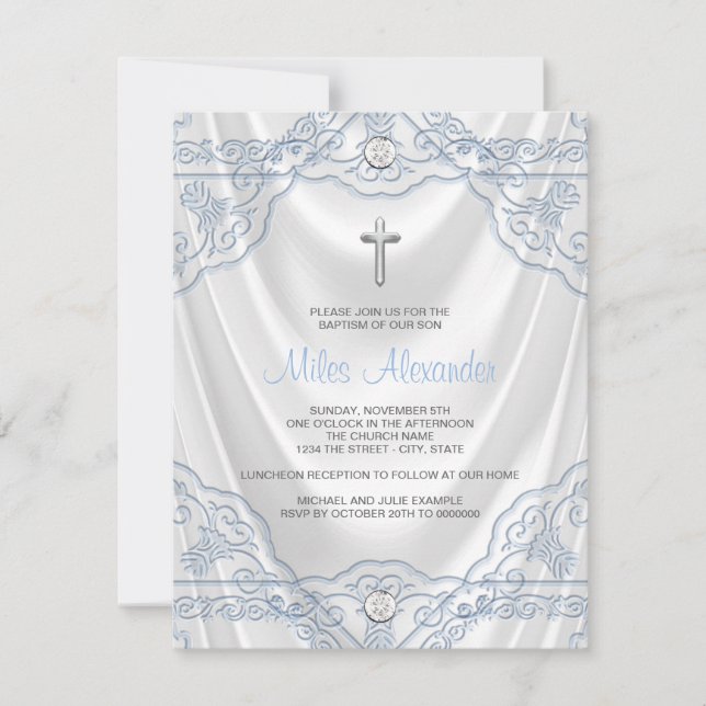 Invitation Baptême Bleu Bébé Blanc Satin (Devant)