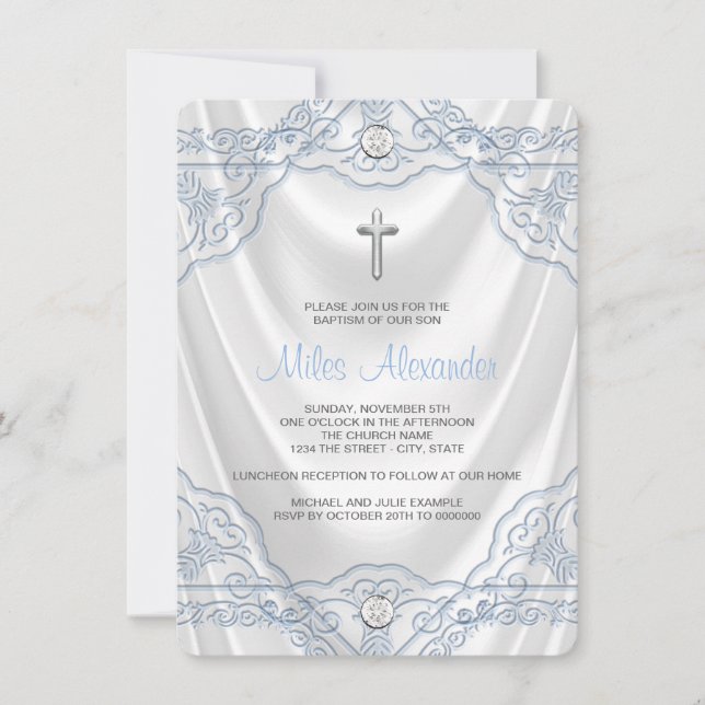 Invitation Baptême Bleu Bébé Blanc Satin (Devant)