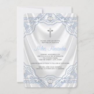 Invitation Baptême Bleu Bébé Blanc Satin