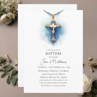 Invitation Baptême Bleu Blanc Croix Religieuse Garçons