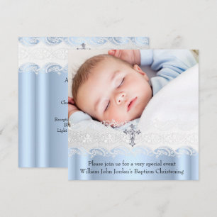 Invitation Baptême Bleu Blanc Dentelle Photo Bijou Croix Garç