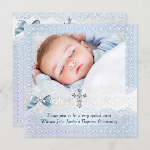 Invitation Baptême Bleu Blanc dentelle photo Bijou Croix garç