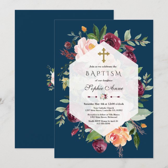 Invitation Baptême bleu bleu marine Floral Blush Floral (Devant / Derrière)