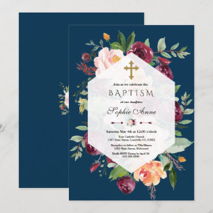 Invitation Baptême bleu bleu marine Floral Blush Floral