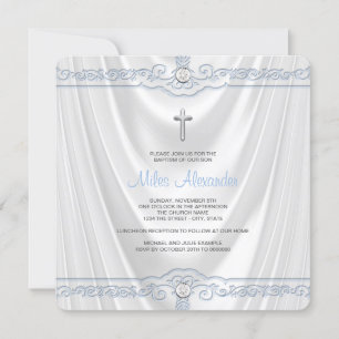 Invitation Baptême Bleu Christening Satin Blanc