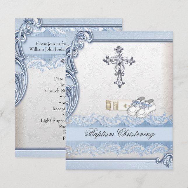 Invitation Baptême Bleu Croix Blanche Garçon Damassé baptême (Devant / Derrière)