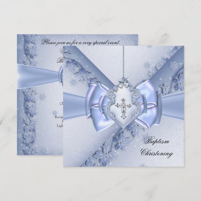 Invitation Baptême Bleu Croix Garçon damas baptême (Devant / Derrière)
