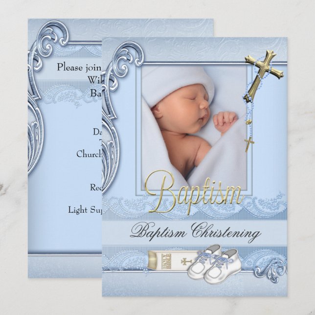 Invitation Baptême Bleu Croix Or Garçon Christening 2 (Devant / Derrière)