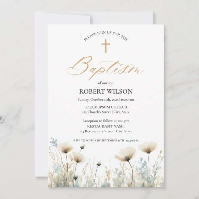 Invitation Baptême bleu Dusty Floral Cross Garçon Christening (Devant)