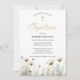 Invitation Baptême bleu Dusty Floral Cross Garçon Christening