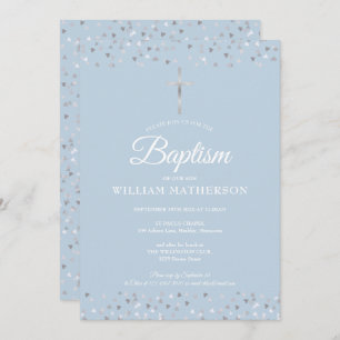 Invitation Baptême Bleu Élégant Baptême Coeurs Argent
