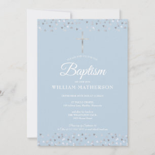 Invitation Baptême Bleu Élégant Cœurs en Argent