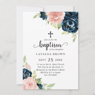 Invitation Baptême bleu floral de la marine rose
