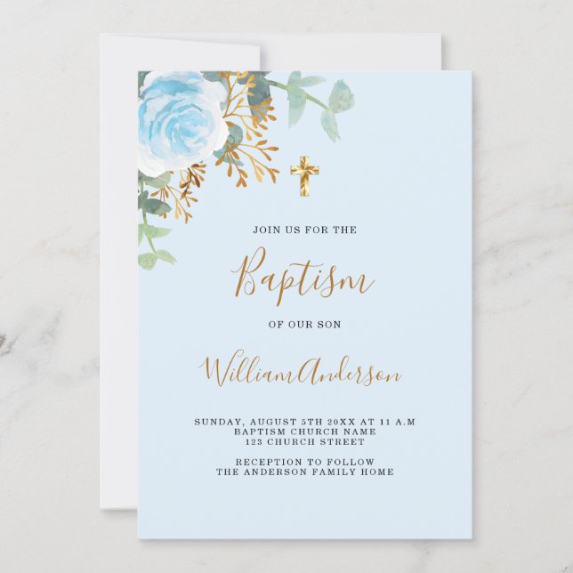 Invitation Baptême bleu floral garçon croix dorée (Devant)
