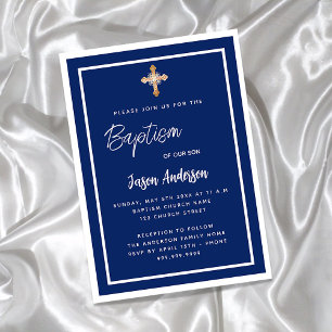 Invitation Baptême bleu marine garçon blanc croix or luxe