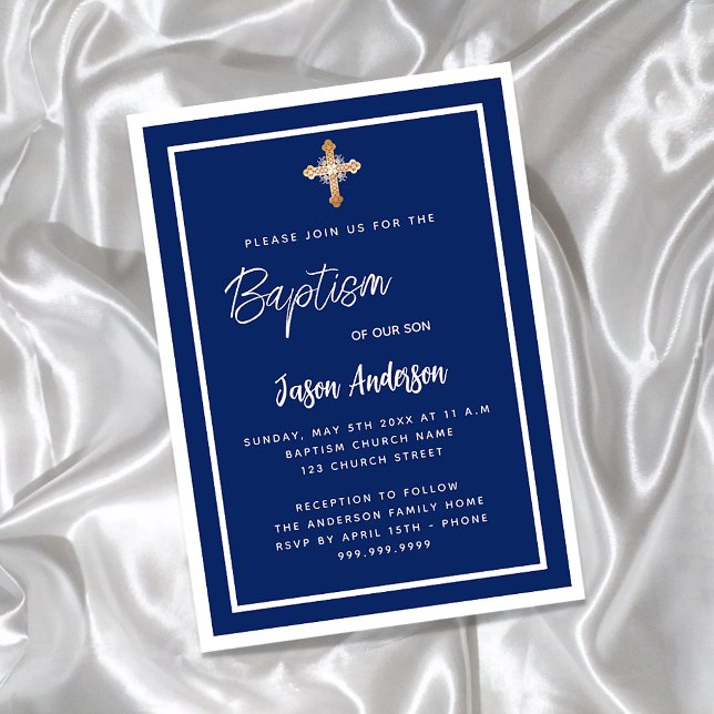 Invitation Baptême bleu marine garçon blanc croix or luxe (Créateur téléchargé)