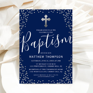 Invitation Baptême Bleu Marine Paillettes Argent Christening