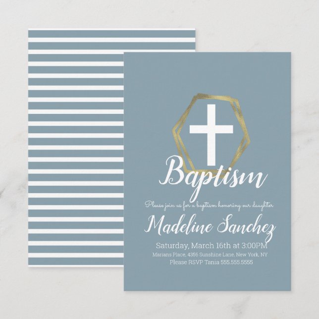 Invitation Baptême Bleu Or Dédicace Christening (Devant / Derrière)