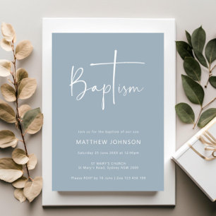 Invitation Baptême bleu photo minimaliste et simple