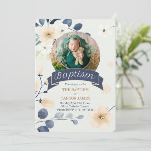 Invitation Baptême bleu pour bébé garçon Fleurs jaunes