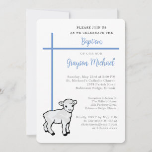 Invitation Baptême Bleu pour Fils Croix Petit Agneau