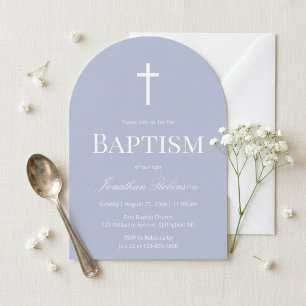 Invitation Baptême bleu poussiéreux moderne à arche