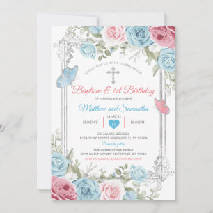 Invitation Baptême bleu rose argent Baptême bleu 1er annivers
