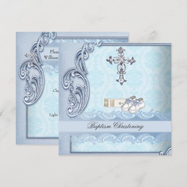 Invitation Baptême bleu sarcelle croix garçon damas baptême (Devant / Derrière)