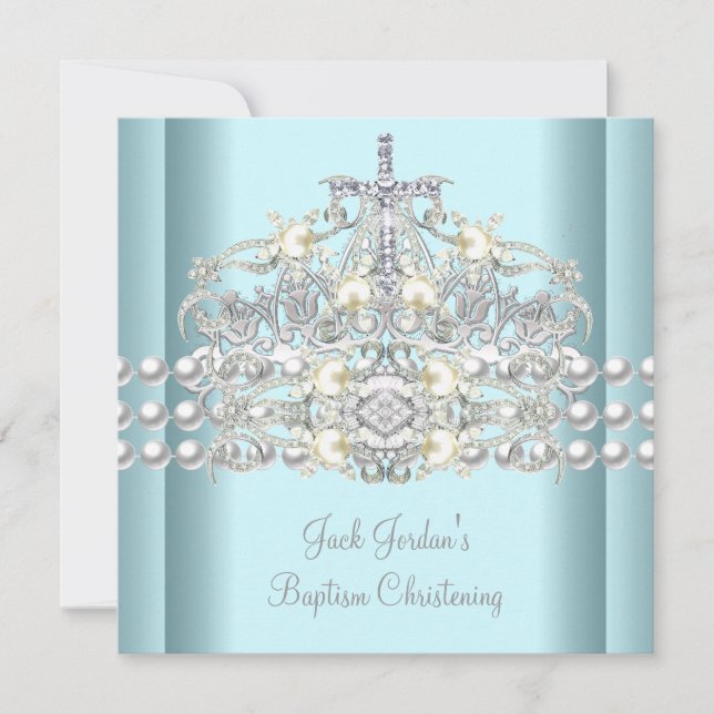 Invitation Baptême Bleu Tiara Argent Blanc Pearl Diamant (Devant)
