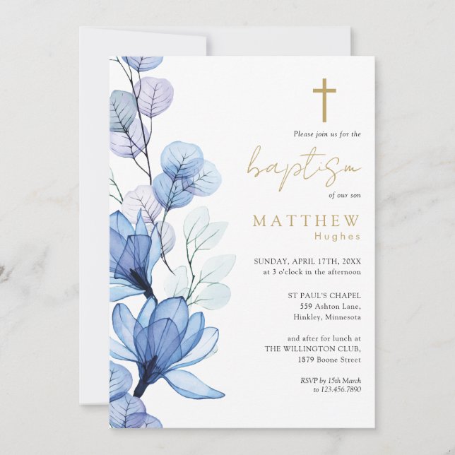 Invitation Baptême bleu transparent monogramme floral (Devant)