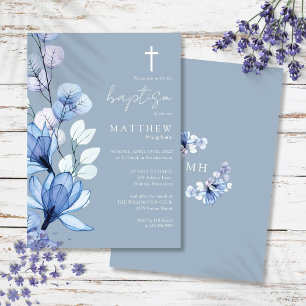 Invitation Baptême bleu transparent monogramme floral