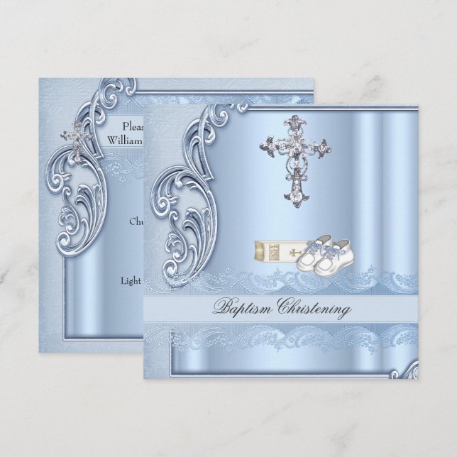 Invitation Baptême Blue Cross Garçon damas baptême (Devant / Derrière)