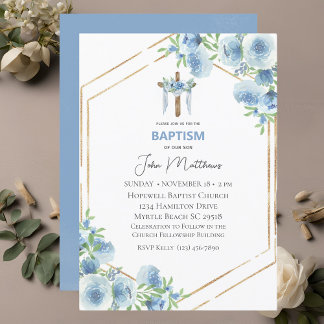 Invitation Baptême Blue Floral Draps Cross Boys