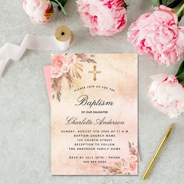 Invitation Baptême blush rose or pampas herbe fleuri (Créateur téléchargé)