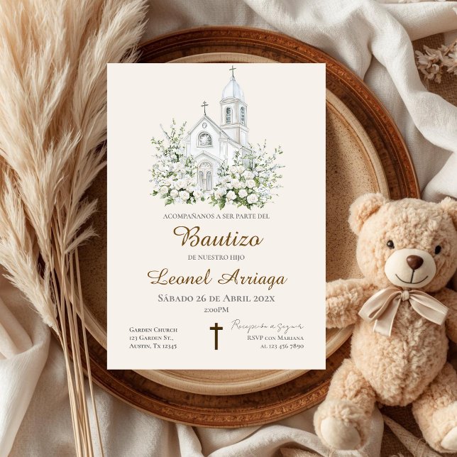 Invitation Baptême bohème en espagnol avec église (Créateur téléchargé)