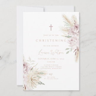 Invitation Baptême bohème fleur rose