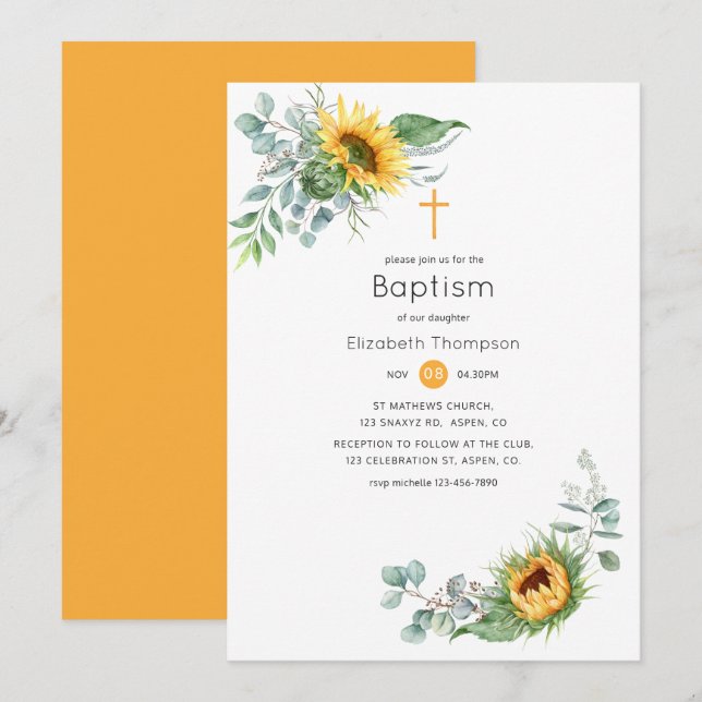 Invitation Baptême Bohème Tournesol Eucalyptus (Devant / Derrière)