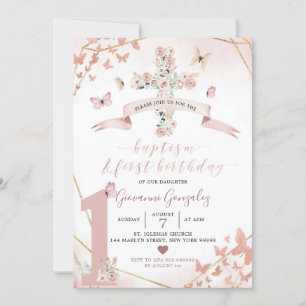 Invitation Baptême Boho Blush Pink Butterfly & 1er anniversai