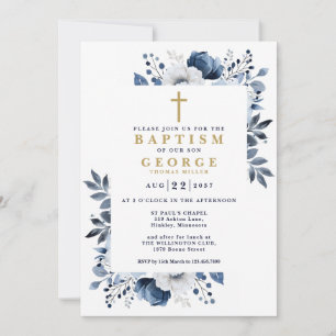 Invitation Baptême Botanique Floral Moderne Élégant Bleu Mari